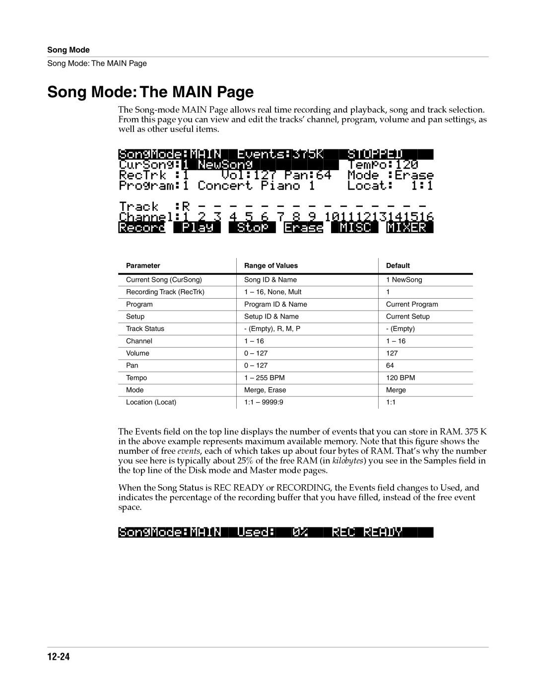 Alesis K2661 specifications Song Mode The Main, SongModeMAINEvents375KSTOPPED, SongModeMAINUsed0%RECREADY, 12-24 