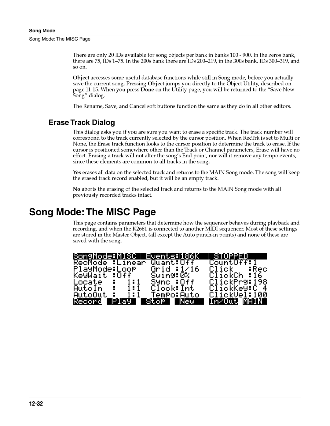 Alesis K2661 specifications Song Mode The Misc, Erase Track Dialog, 12-32 