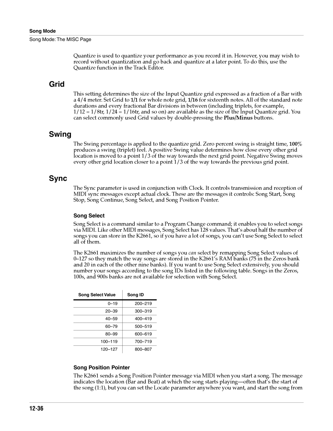 Alesis K2661 specifications Grid, Swing, Sync, 12-36 