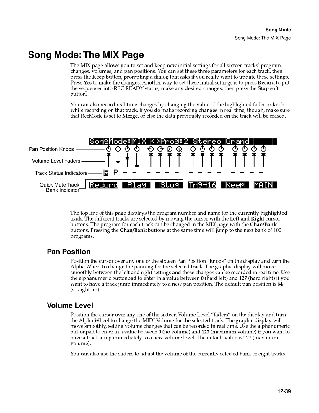 Alesis K2661 specifications Song Mode The MIX, Pan Position, Volume Level 