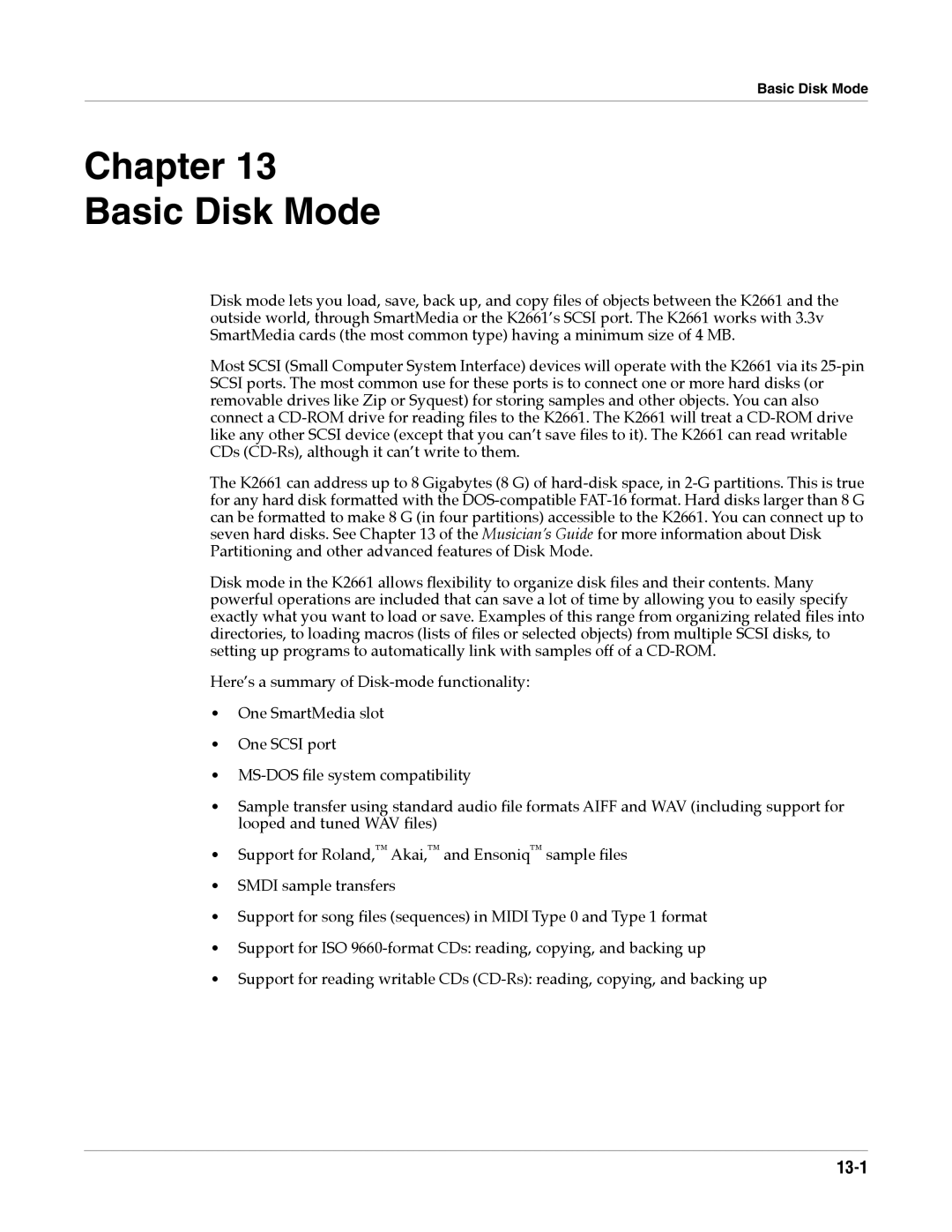 Alesis K2661 specifications Chapter Basic Disk Mode, 13-1 