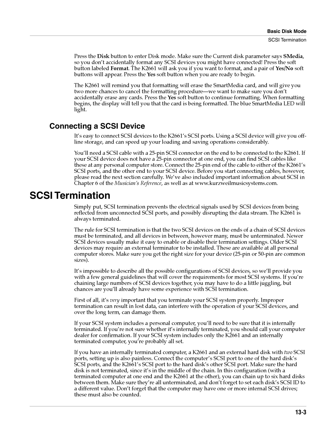 Alesis K2661 specifications Scsi Termination, Connecting a Scsi Device, 13-3 