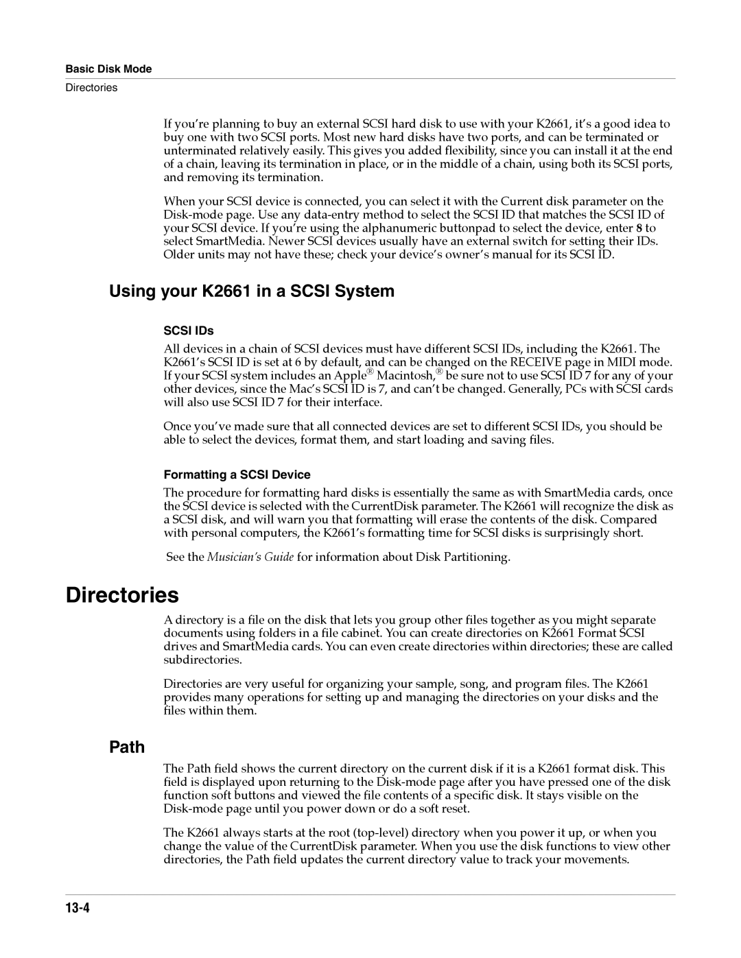 Alesis specifications Directories, Using your K2661 in a Scsi System, Path, 13-4 