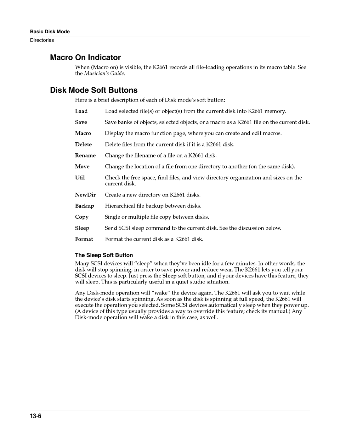 Alesis K2661 specifications Macro On Indicator, Disk Mode Soft Buttons, 13-6, Sleep Soft Button 