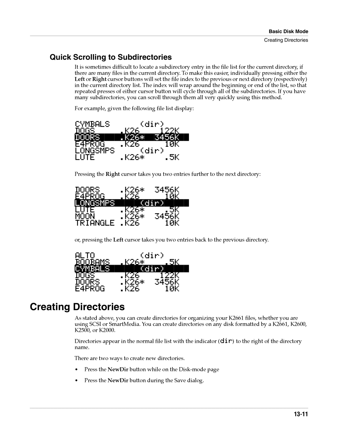 Alesis K2661 specifications Creating Directories, Quick Scrolling to Subdirectories 