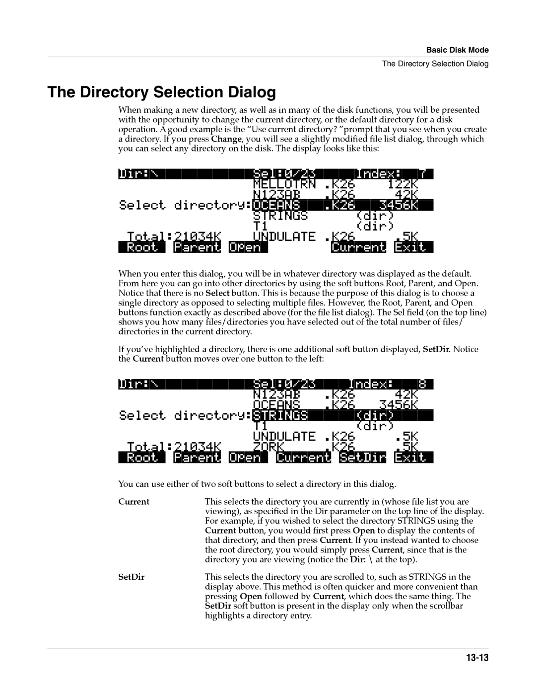 Alesis K2661 specifications Directory Selection Dialog, Dir\Sel0/23Index7, Dir\Sel0/23Index8, 13-13 