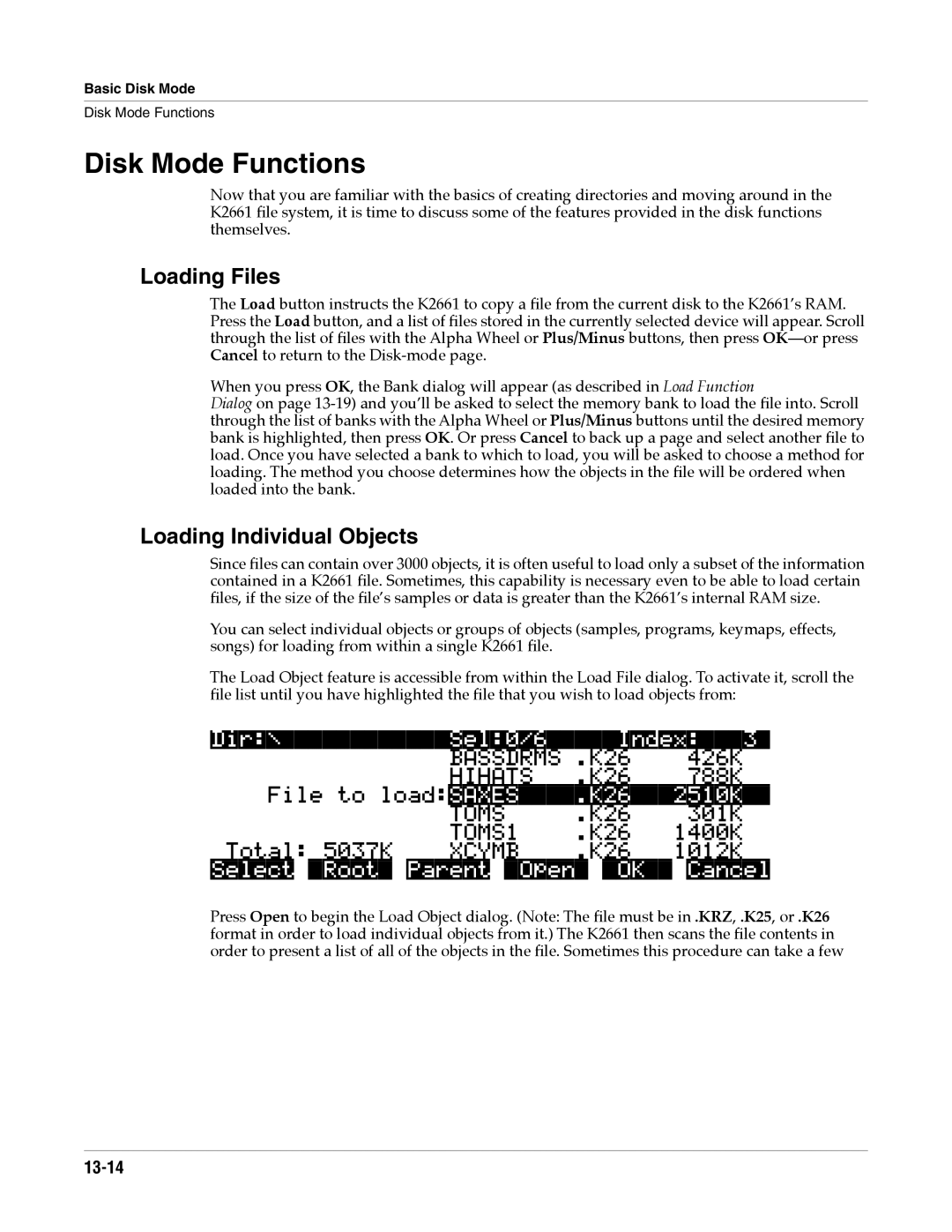 Alesis K2661 Disk Mode Functions, Loading Files, Loading Individual Objects, Dir\Sel0/6Index3, FiletoloadSAXES.K262510K 