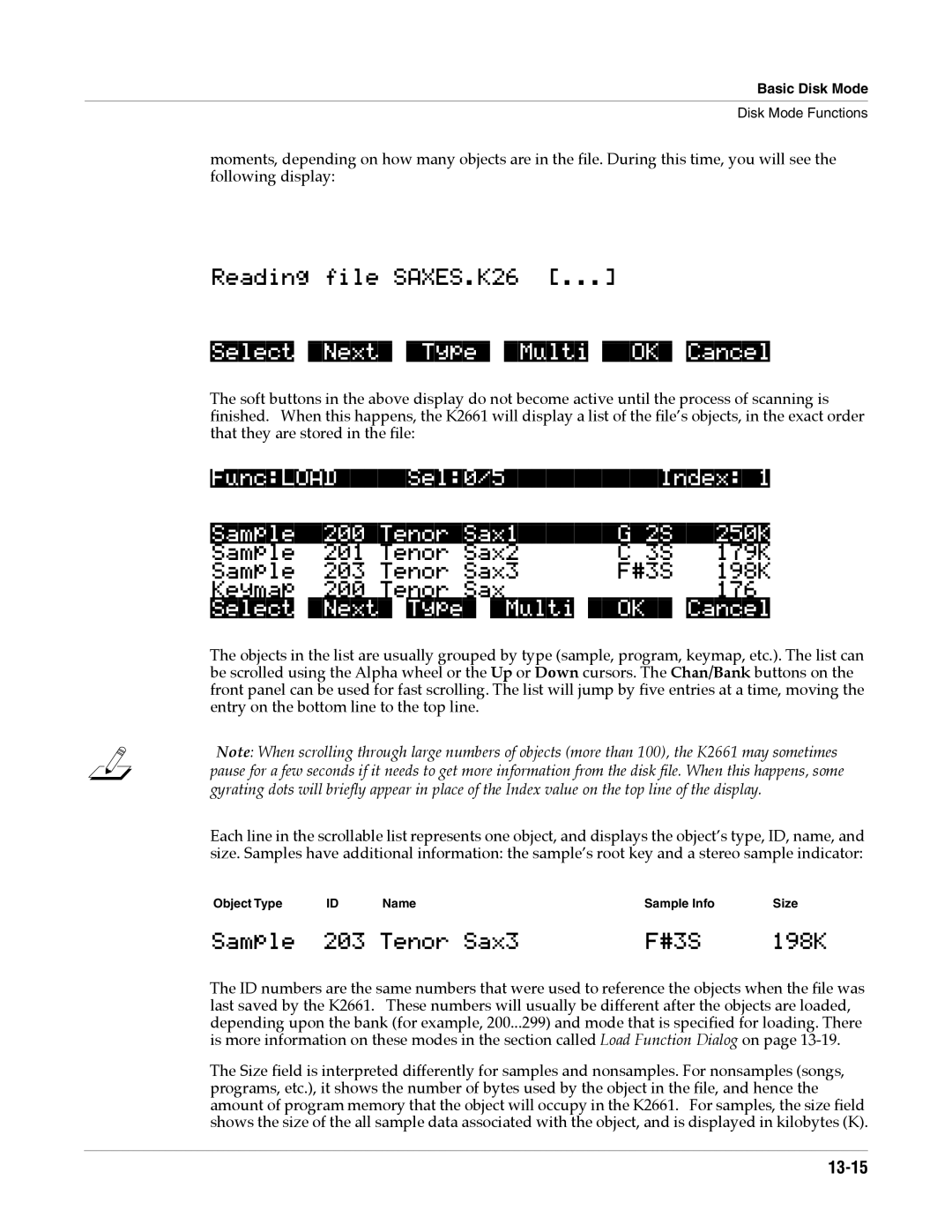 Alesis K2661 specifications ReadingfileSAXES.K26, FuncLOADSel0/5Index1 Sample200TenorSax1G2S250K, 13-15 