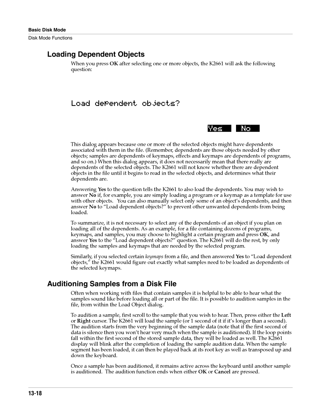 Alesis K2661 Loading Dependent Objects, Auditioning Samples from a Disk File, Loaddependentobjects? YesNo, 13-18 