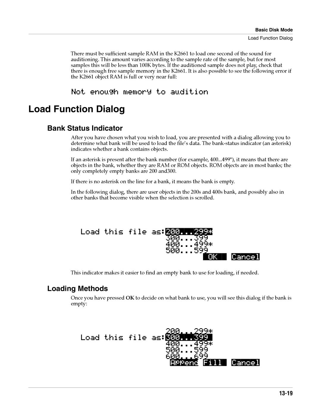 Alesis K2661 specifications Load Function Dialog, Bank Status Indicator, Loading Methods, 13-19 