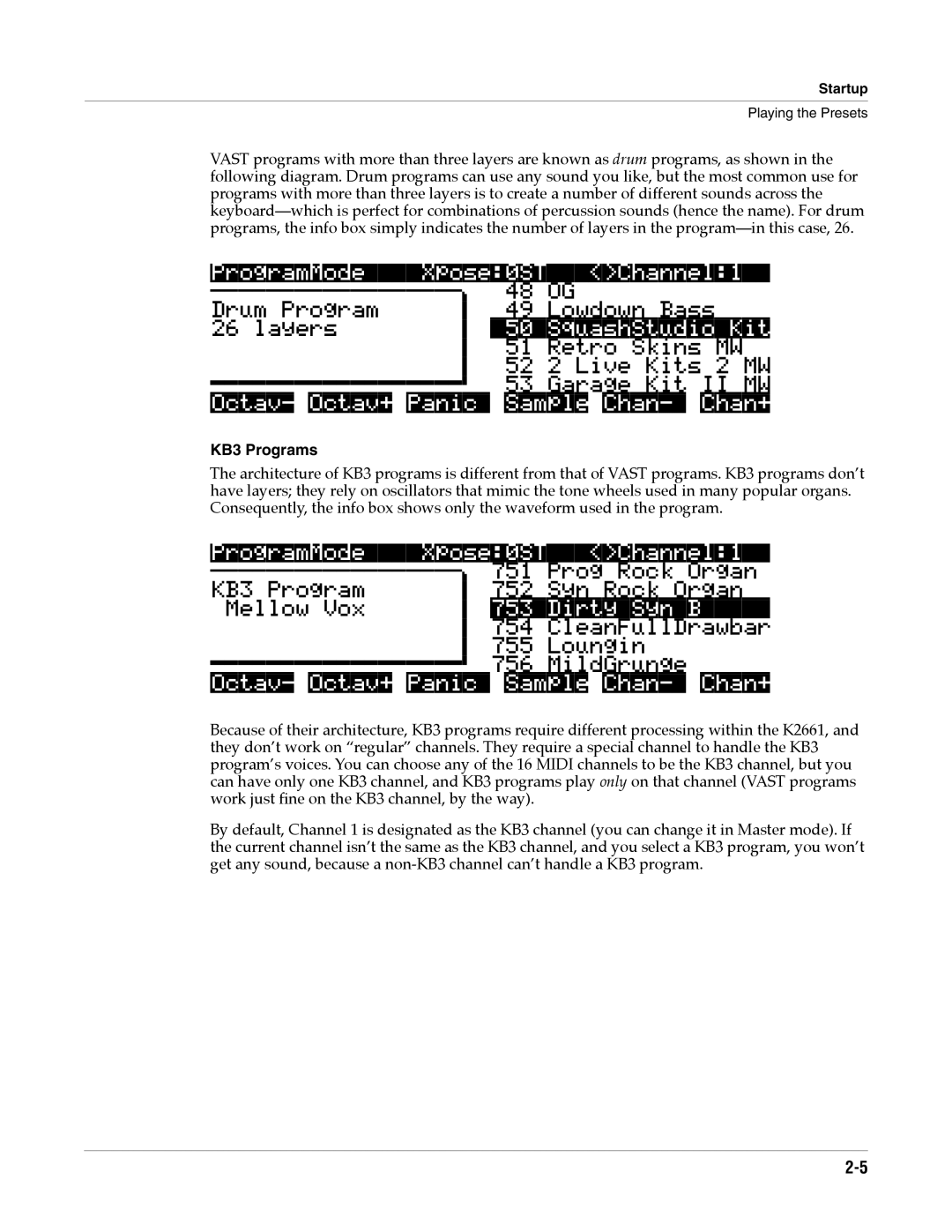 Alesis K2661 specifications Octav-Octav+PanicSampleChan-Chan+, KB3 Programs 