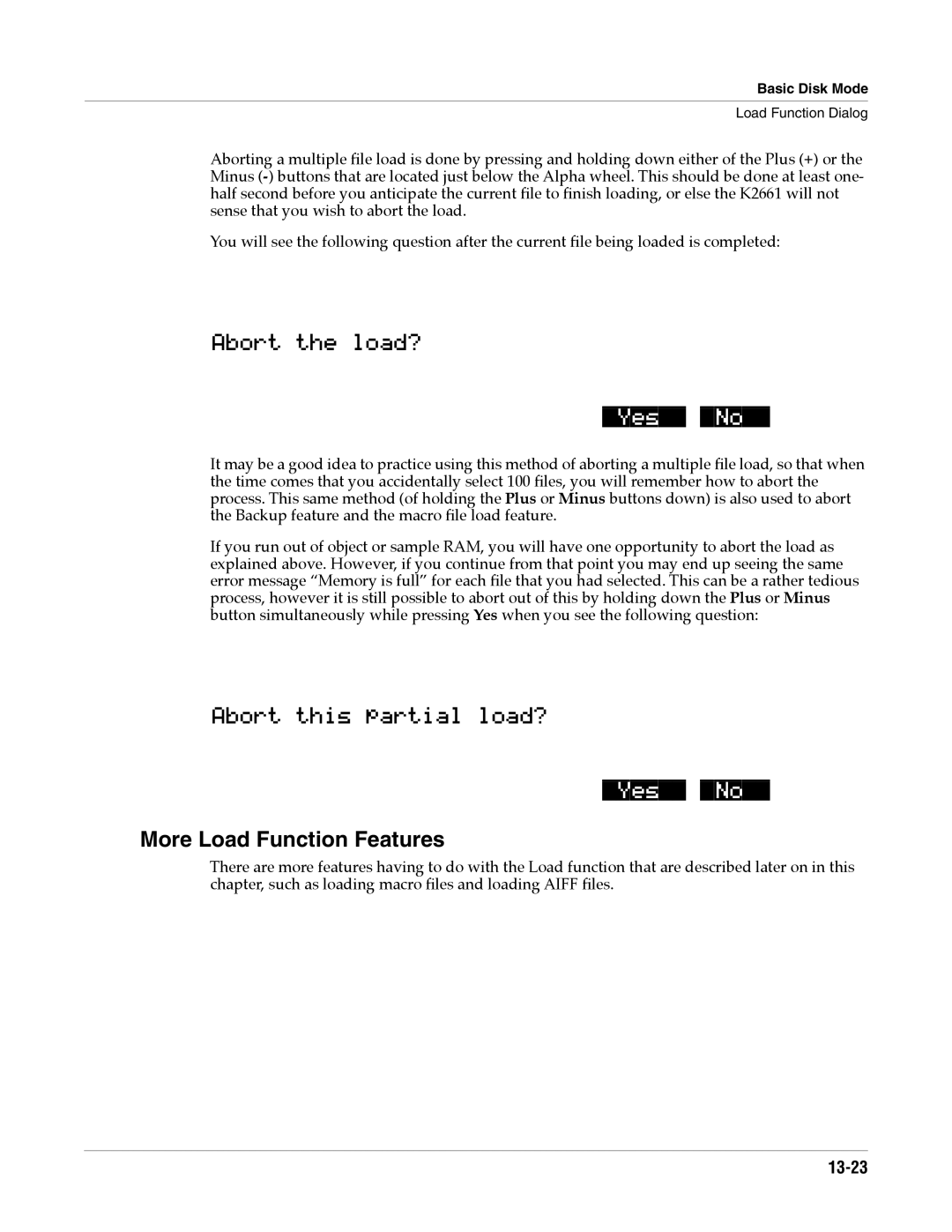 Alesis K2661 specifications More Load Function Features, Aborttheload? YesNo, Abortthispartialload? YesNo, 13-23 