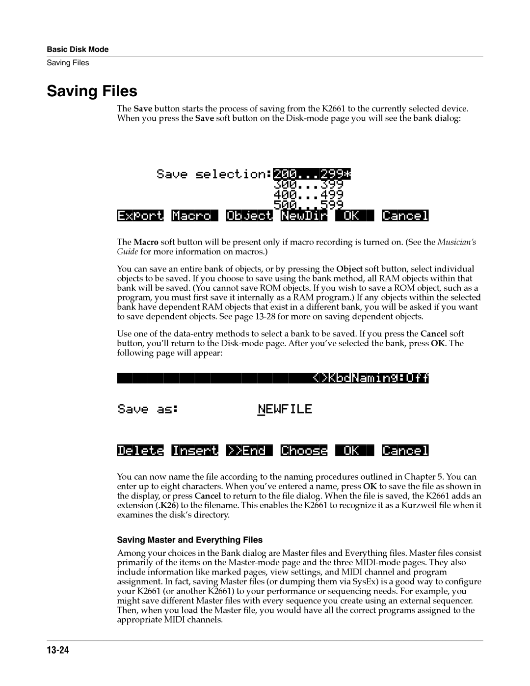 Alesis K2661 Saving Files, Saveselection200...299 300...399 400...499 500...599, ExportMacroObjectNewDirOKCancel, 13-24 