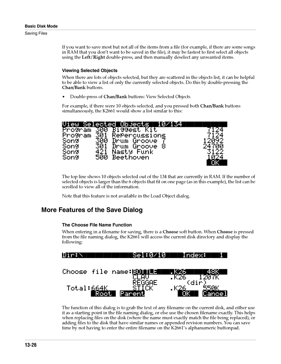 Alesis K2661 More Features of the Save Dialog, ViewSelectedObjects10/134, Dir\Sel0/10Index1 ChoosefilenameBOTTLE.K2648K 
