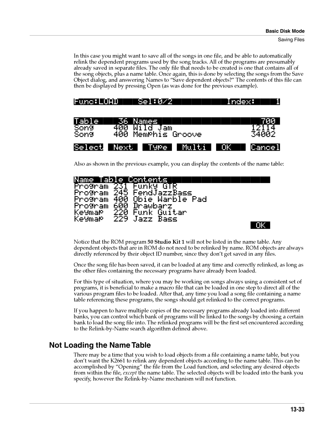Alesis K2661 Not Loading the Name Table, FuncLOADSel0/2Index1 Names700, Song400WildJam12114 Song400MemphisGroove34002 
