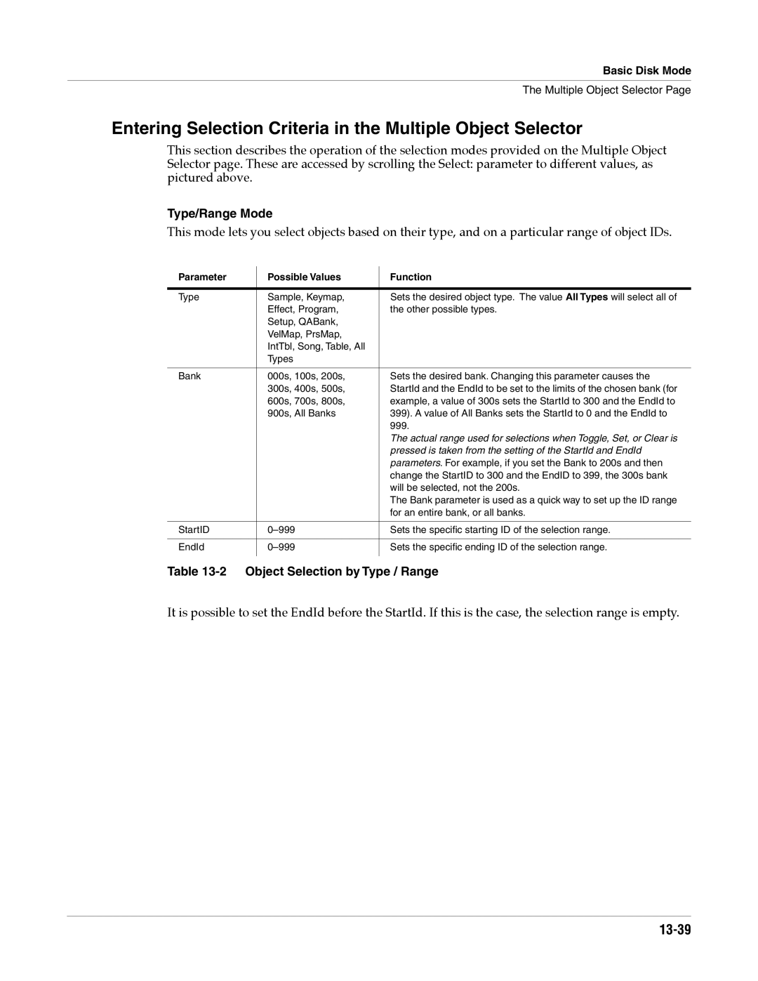 Alesis K2661 specifications Entering Selection Criteria in the Multiple Object Selector, 13-39, Type/Range Mode 