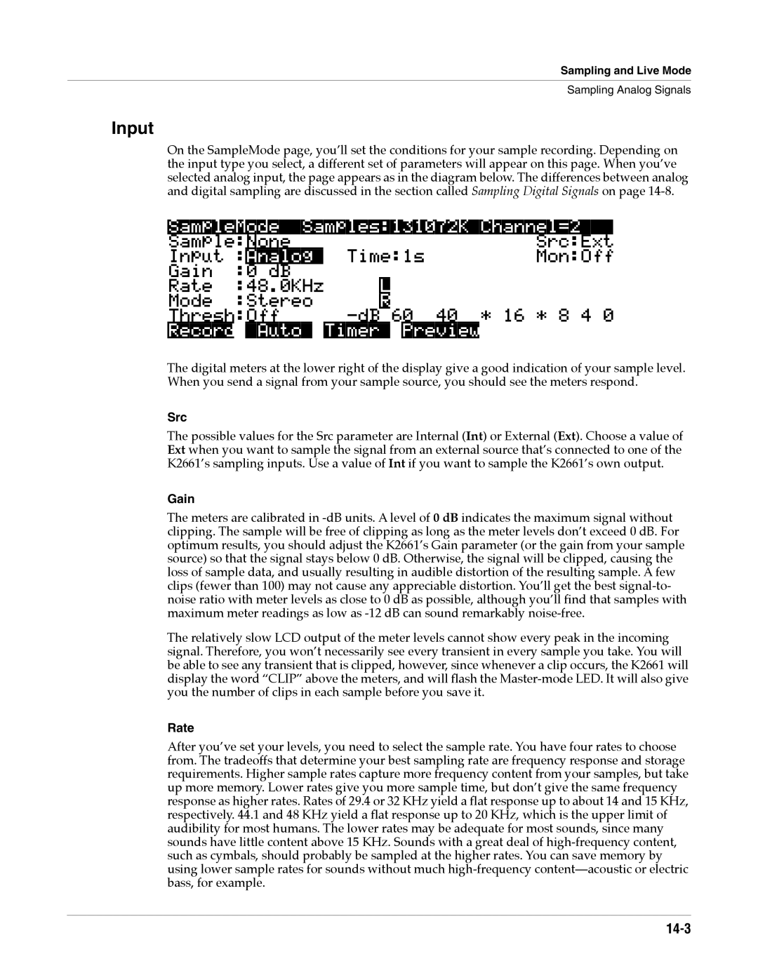 Alesis K2661 specifications Input, SampleModeSamples131072KChannel=2, RecordAutoTimerPreview, 14-3 