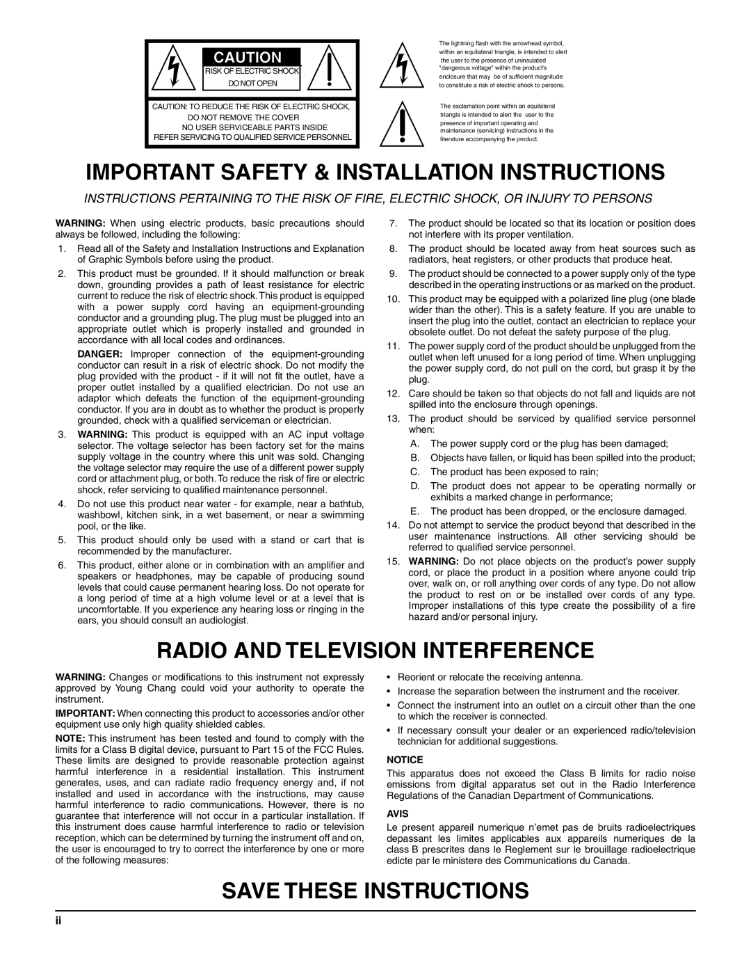 Alesis K2661 specifications Important Safety & Installation Instructions 