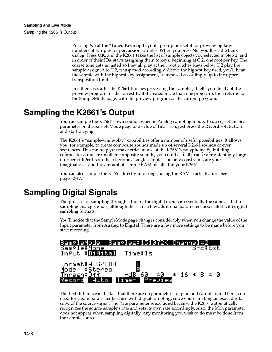 Alesis specifications Sampling the K2661’s Output, Sampling Digital Signals, 14-8 