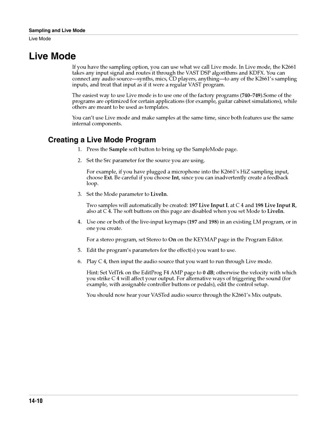 Alesis K2661 specifications Creating a Live Mode Program, 14-10 