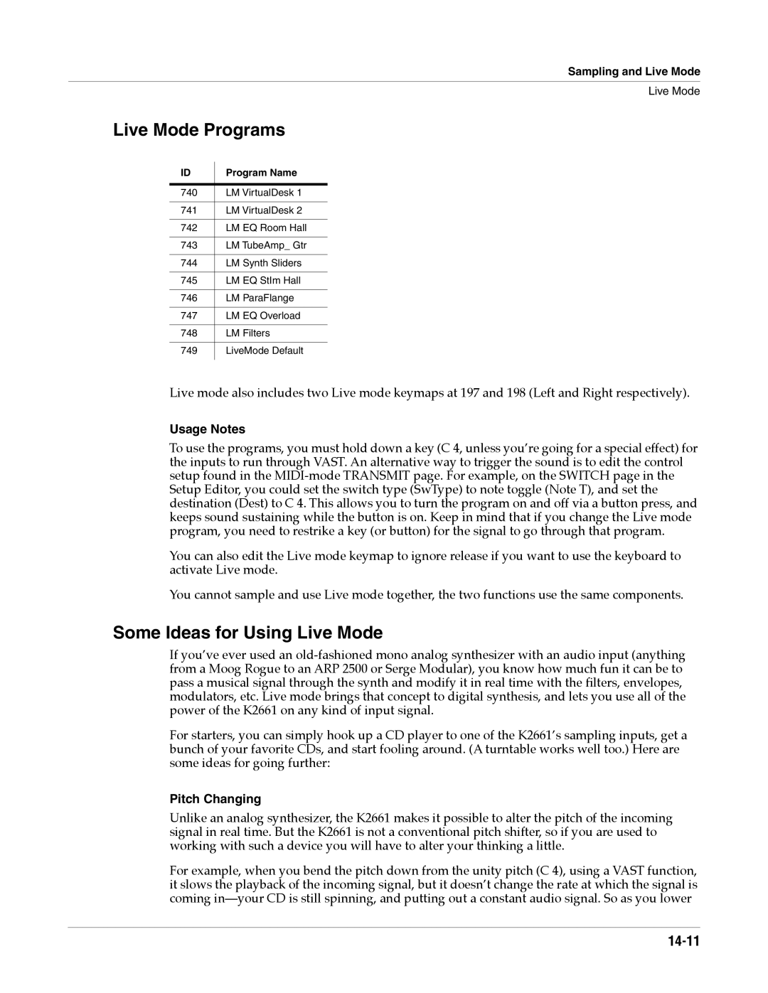 Alesis K2661 specifications Live Mode Programs, Some Ideas for Using Live Mode, 14-11, Usage Notes, Pitch Changing 