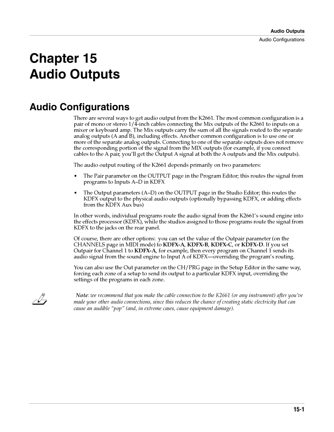 Alesis K2661 specifications Chapter Audio Outputs, Audio Conﬁgurations, 15-1 