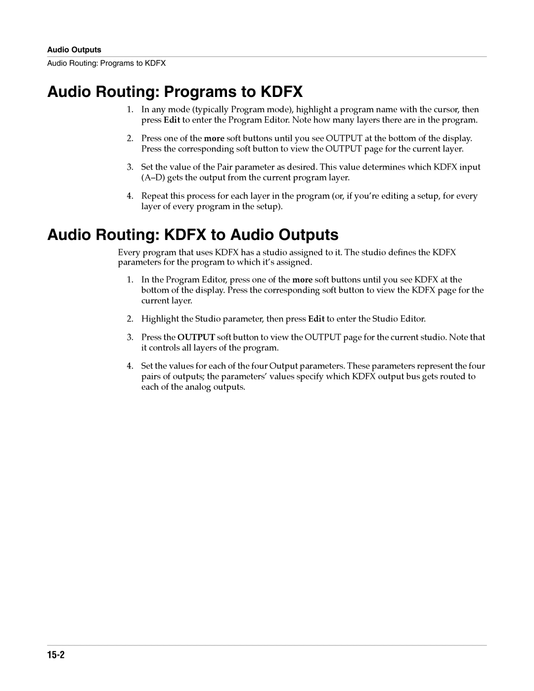 Alesis K2661 specifications Audio Routing Programs to Kdfx, Audio Routing Kdfx to Audio Outputs, 15-2 