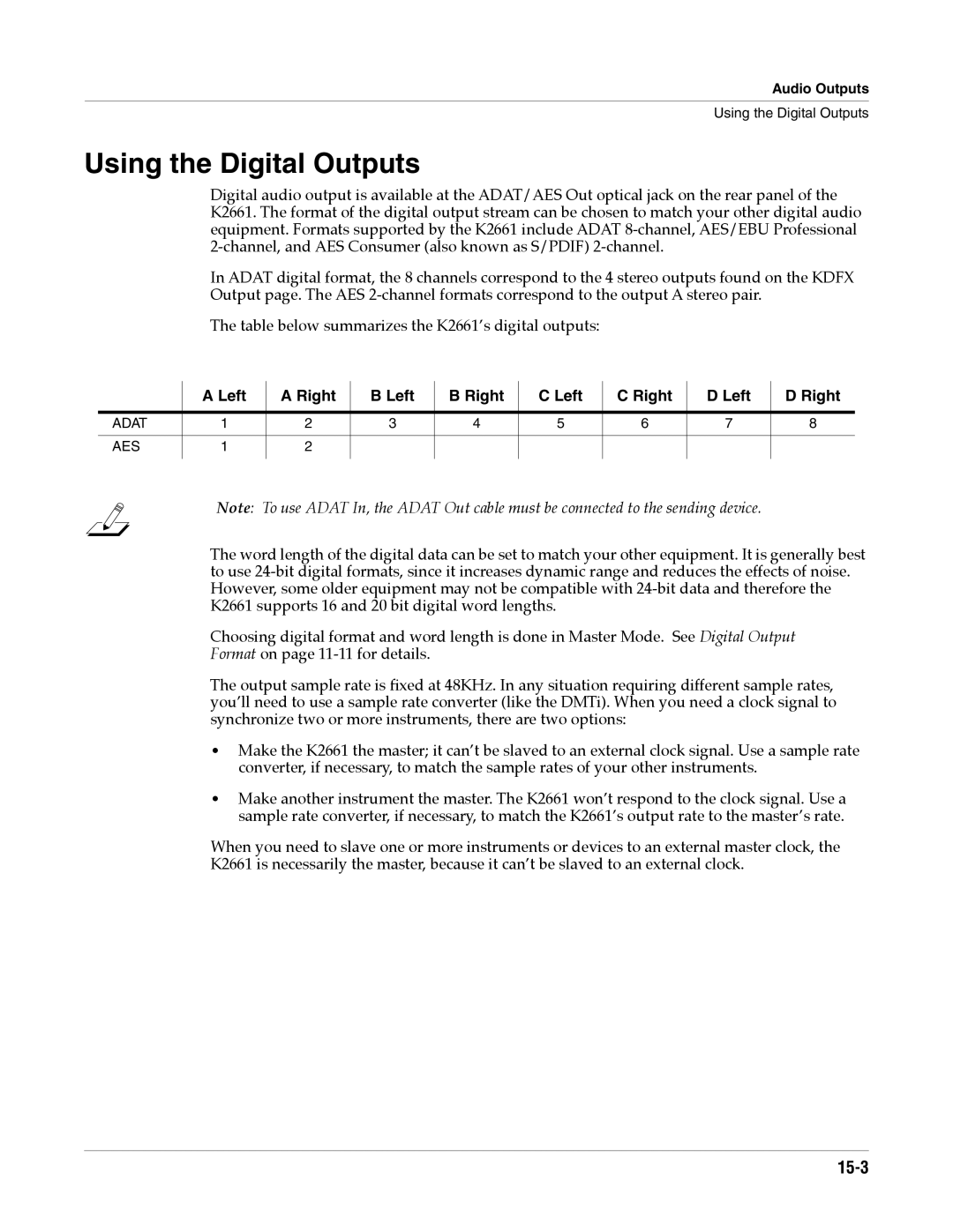 Alesis K2661 specifications Using the Digital Outputs, 15-3, Left Right 