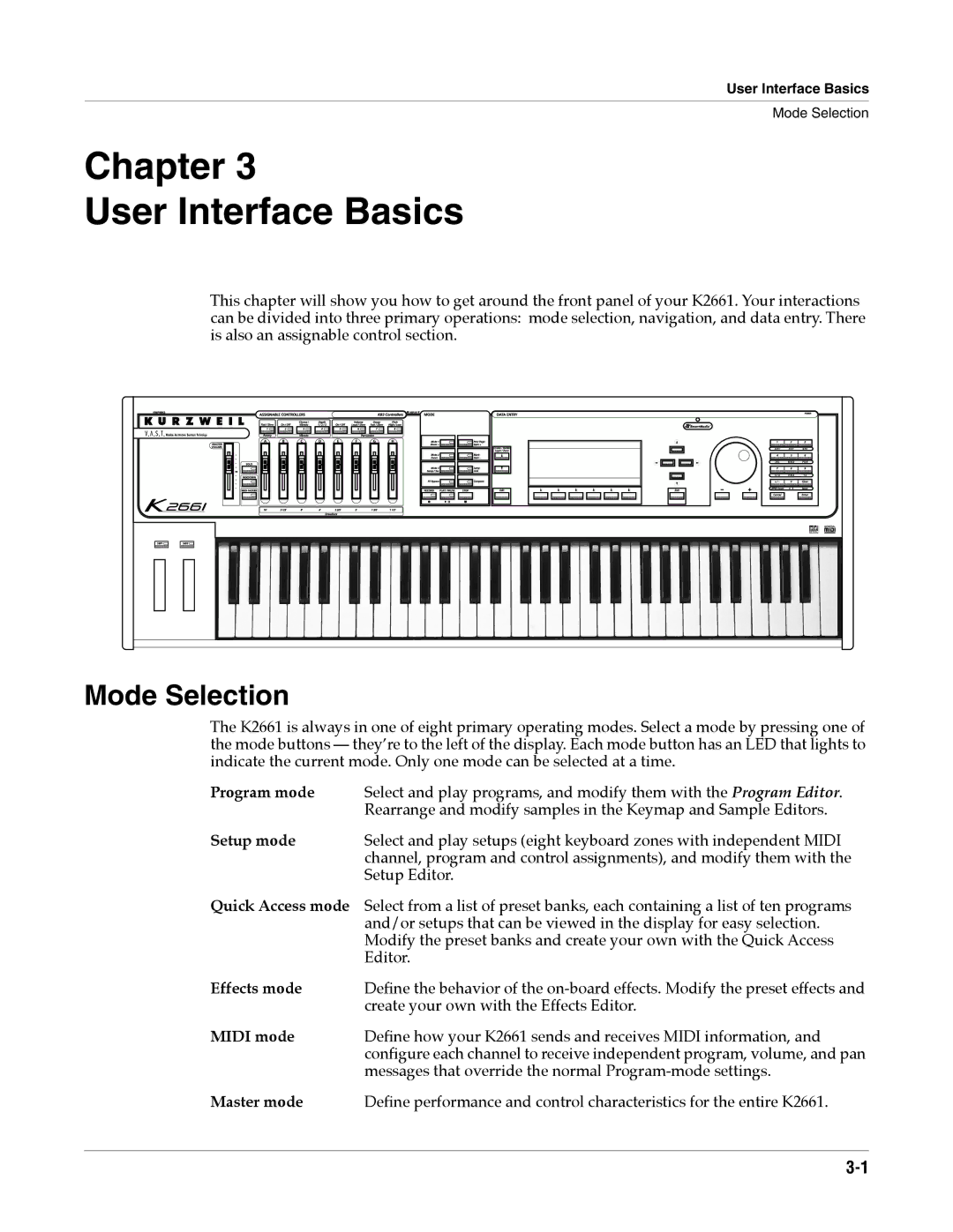 Alesis K2661 specifications Chapter User Interface Basics, Mode Selection 