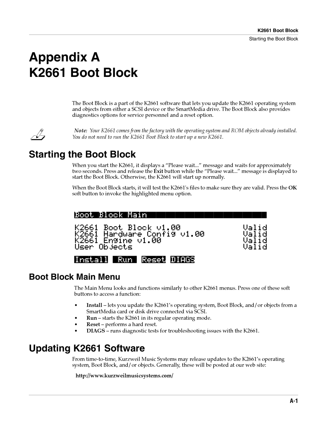 Alesis specifications Appendix a K2661 Boot Block, Starting the Boot Block, Updating K2661 Software, BootBlockMain 