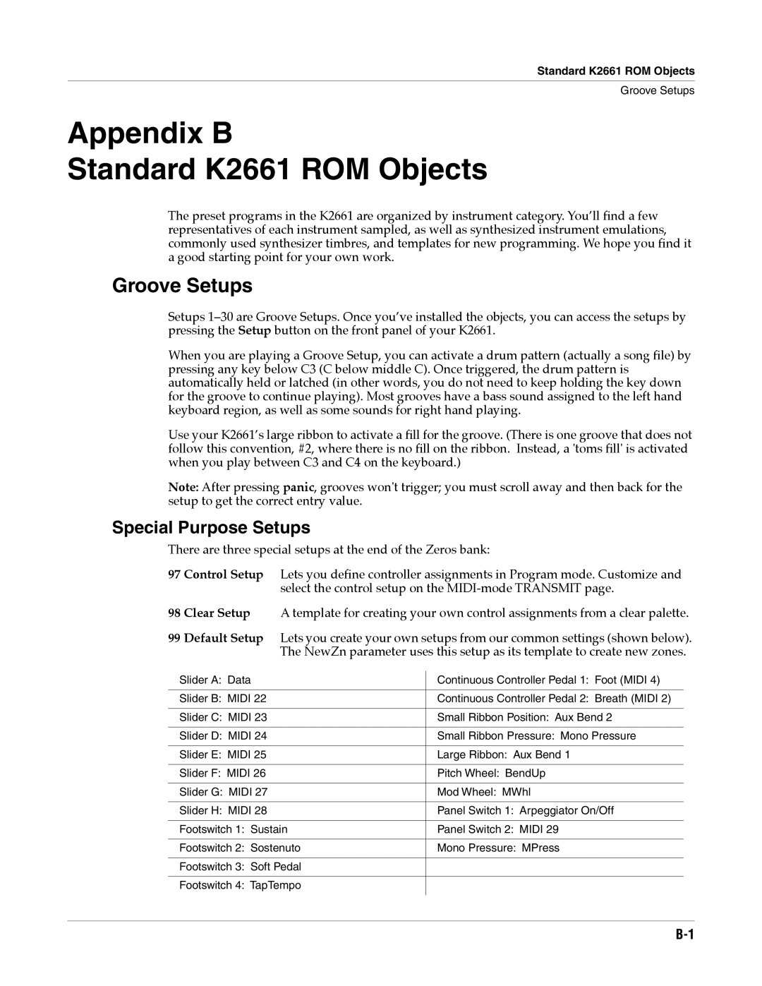 Alesis specifications Appendix B Standard K2661 ROM Objects, Special Purpose Setups 