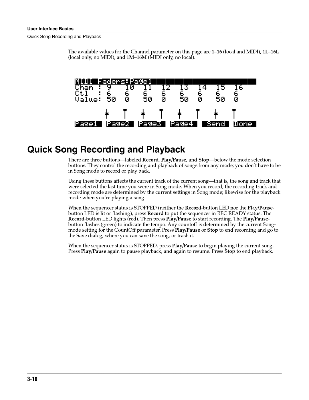 Alesis K2661 specifications Quick Song Recording and Playback, MIDIFadersPage1, Page1Page2Page3Page4SendDone 