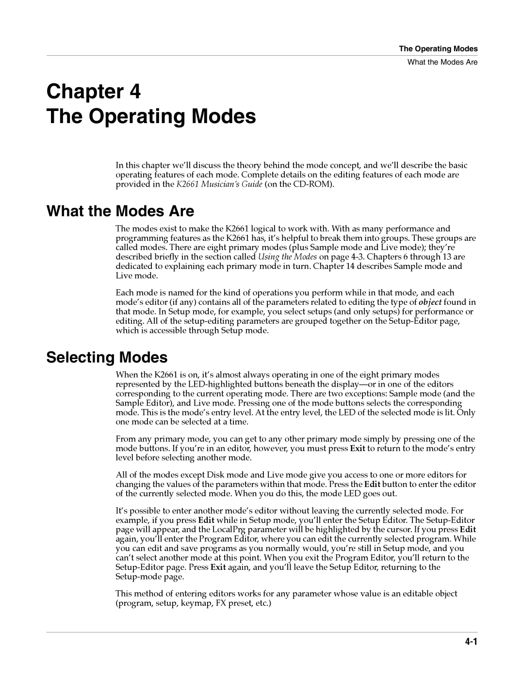 Alesis K2661 specifications Chapter Operating Modes, What the Modes Are, Selecting Modes 