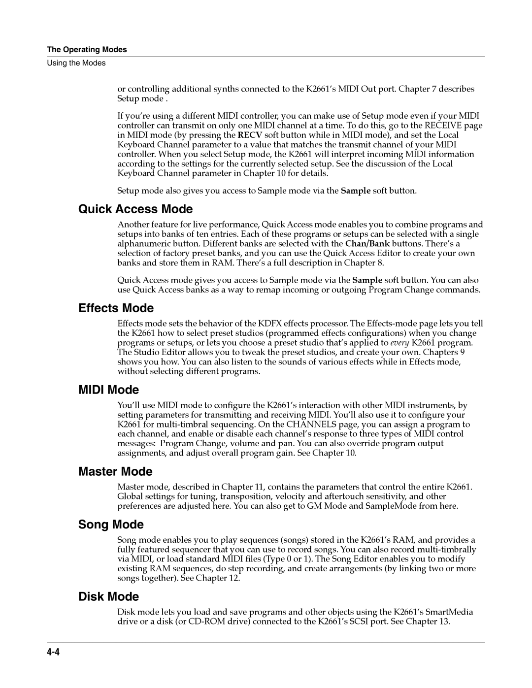 Alesis K2661 specifications Effects Mode, Disk Mode 