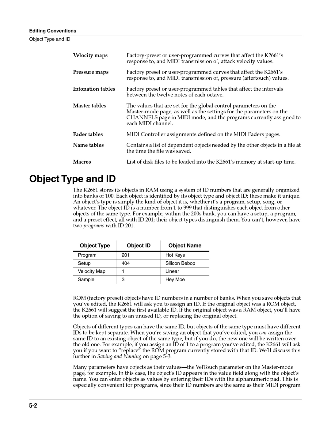 Alesis K2661 specifications Object Type and ID, Object Type Object ID Object Name 