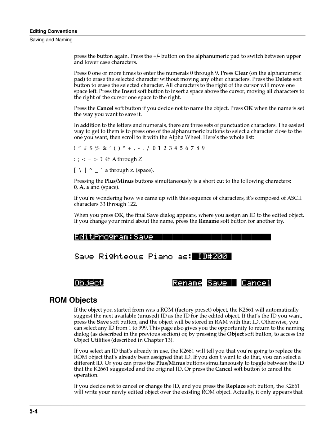 Alesis K2661 specifications ROM Objects, EditProgramSave, SaveRighteousPianoasID#200, ObjectRenameSaveCancel 