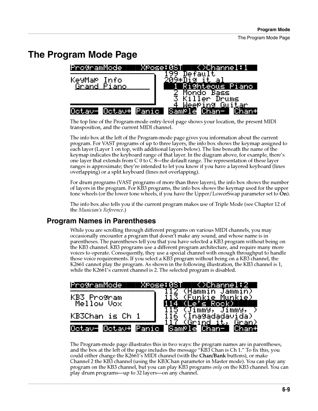 Alesis K2661 specifications Program Mode, Program Names in Parentheses 