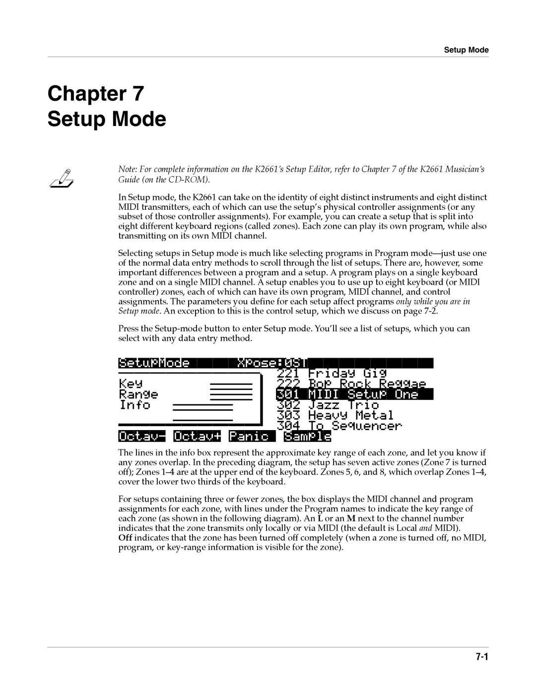 Alesis K2661 specifications Chapter Setup Mode, SetupModeXpose0ST 