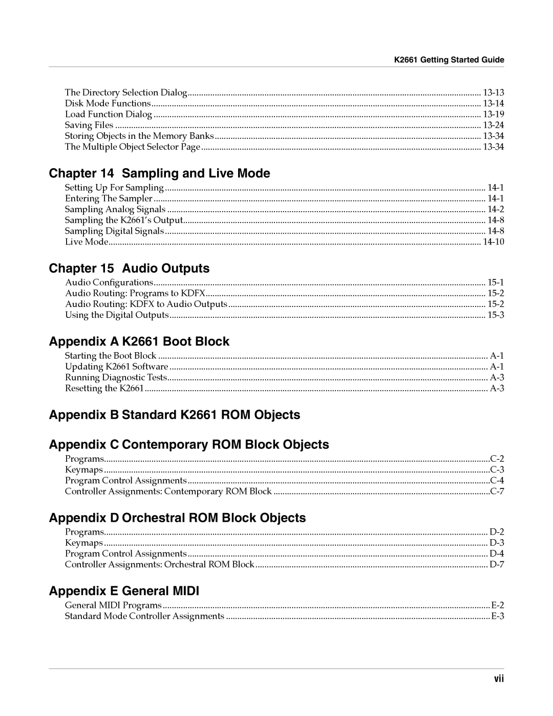 Alesis Sampling and Live Mode, Audio Outputs, Appendix a K2661 Boot Block, Appendix D Orchestral ROM Block Objects 