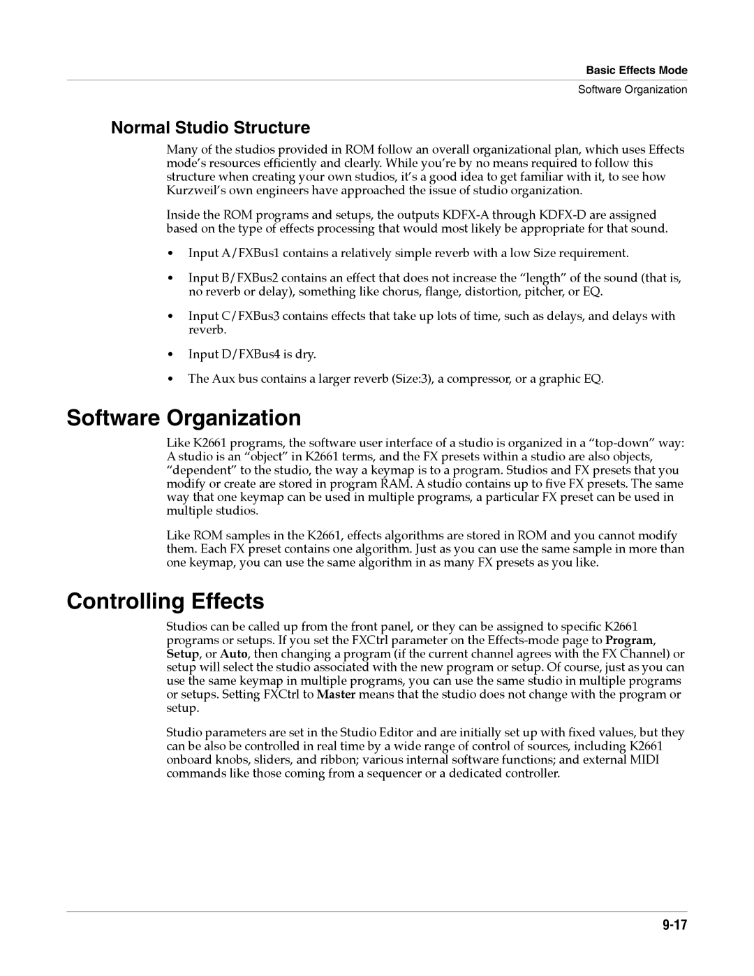 Alesis K2661 specifications Software Organization, Controlling Effects, Normal Studio Structure 