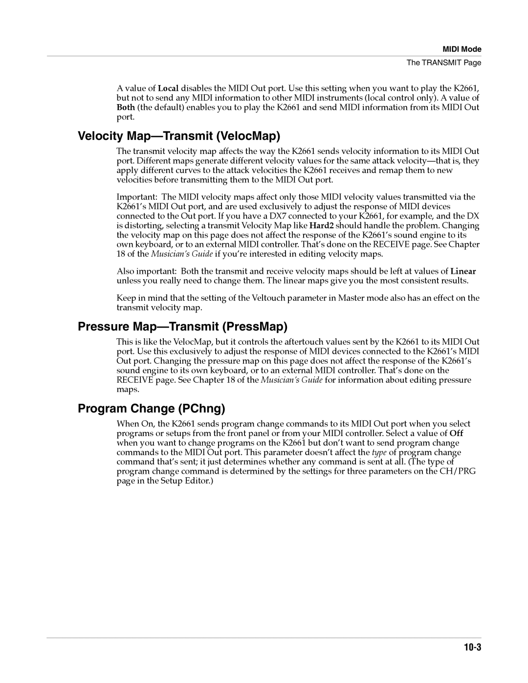 Alesis K2661 specifications Velocity Map-Transmit VelocMap, Pressure Map-Transmit PressMap, Program Change PChng, 10-3 