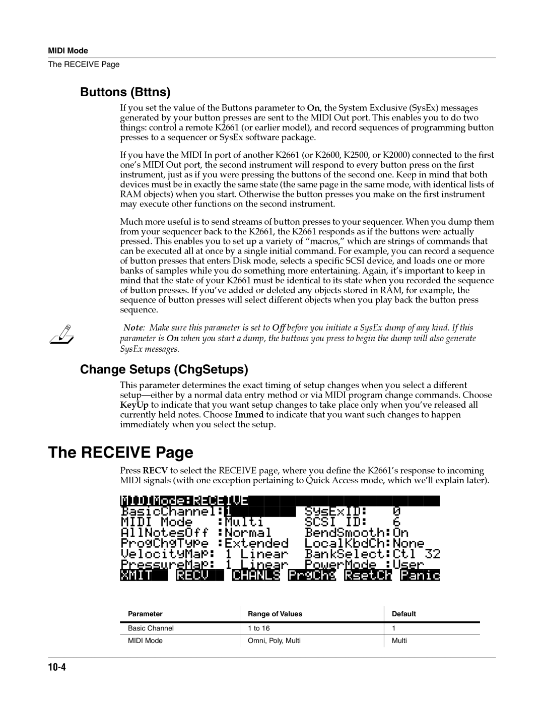 Alesis K2661 specifications Receive, Buttons Bttns, Change Setups ChgSetups, MIDIModeRECEIVE, 10-4 