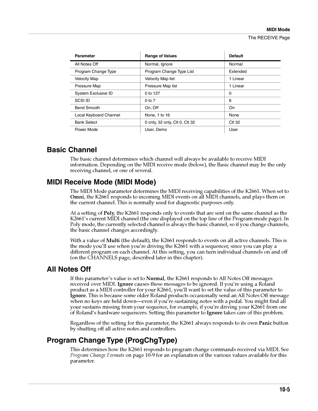 Alesis K2661 Basic Channel, Midi Receive Mode Midi Mode, All Notes Off, Program Change Type ProgChgType, 10-5 