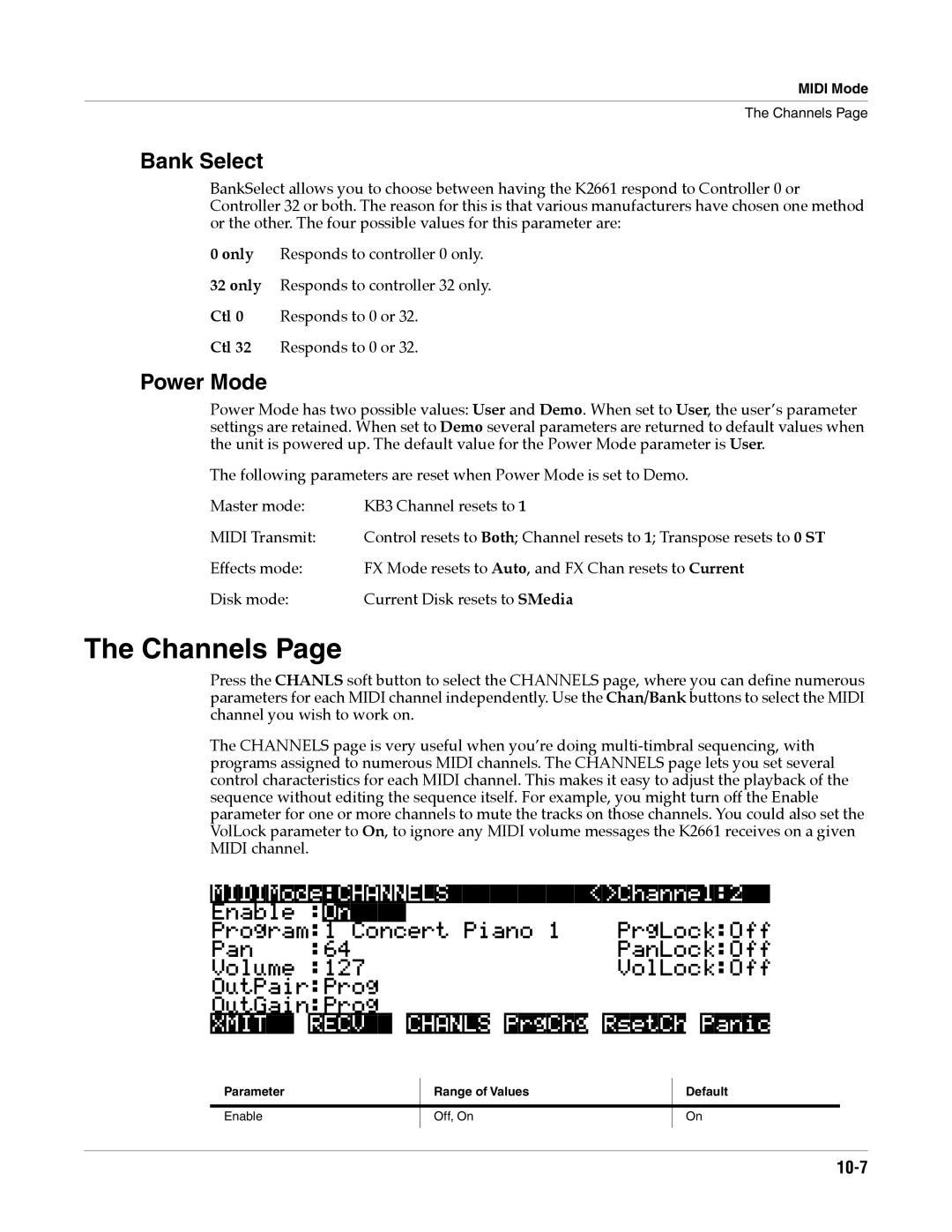 Alesis K2661 specifications Channels, Bank Select, Power Mode, MIDIModeCHANNELSChannel2, 10-7 