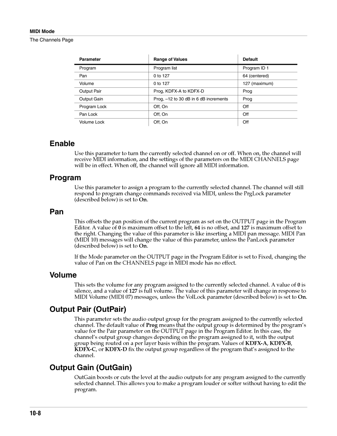 Alesis K2661 specifications Enable, Program, Pan, Volume, Output Pair OutPair, Output Gain OutGain 