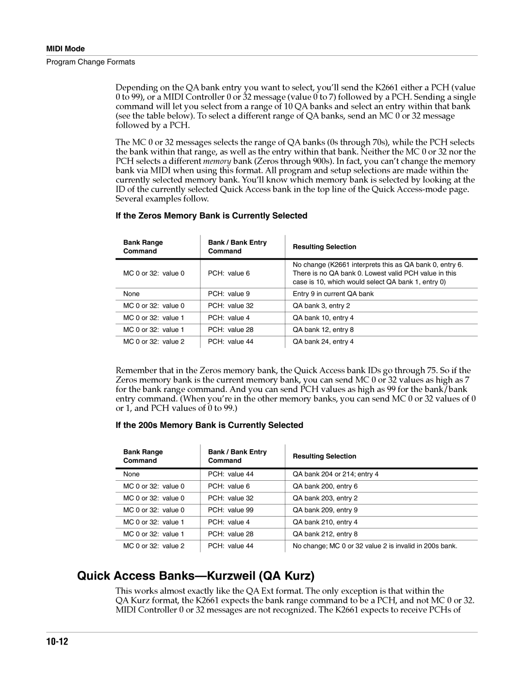 Alesis K2661 specifications Quick Access Banks-Kurzweil QA Kurz, 10-12, If the Zeros Memory Bank is Currently Selected 