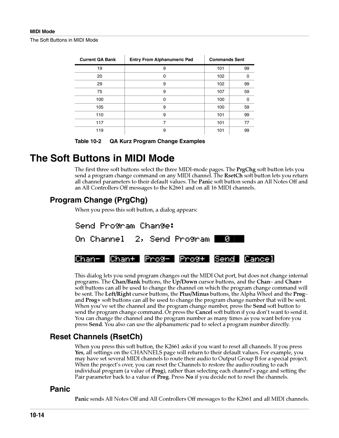 Alesis K2661 specifications Soft Buttons in Midi Mode, Program Change PrgChg, Reset Channels RsetCh, Panic 