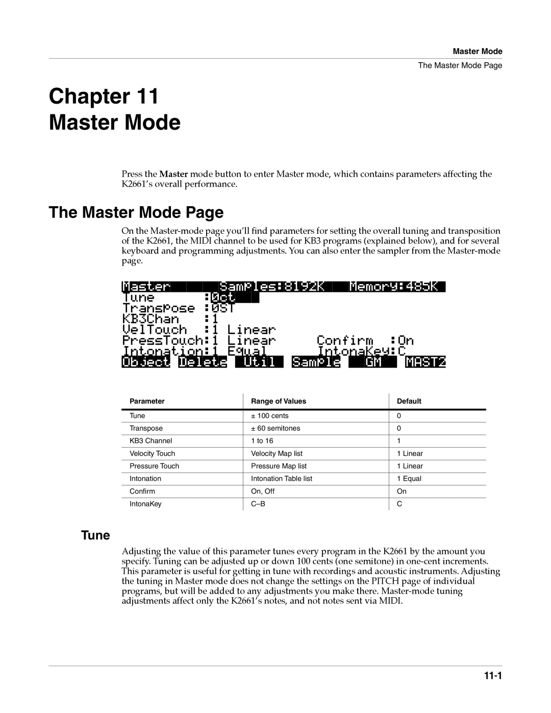 Alesis K2661 specifications Chapter Master Mode, Tune, MasterSamples8192KMemory485K, ObjectDeleteUtilSampleGMMAST2 