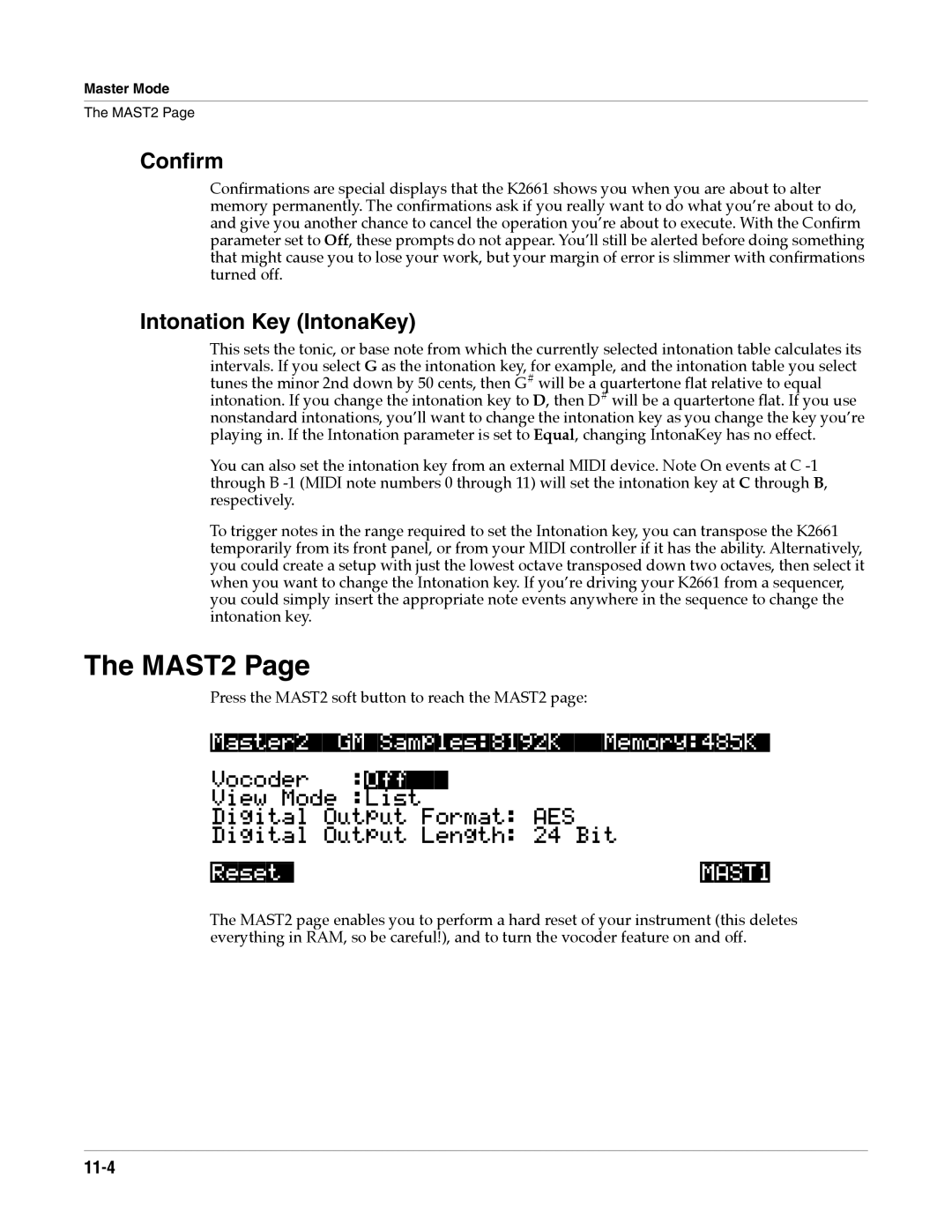 Alesis K2661 specifications MAST2, Conﬁrm, Intonation Key IntonaKey, Master2GMSamples8192KMemory485K, 11-4 