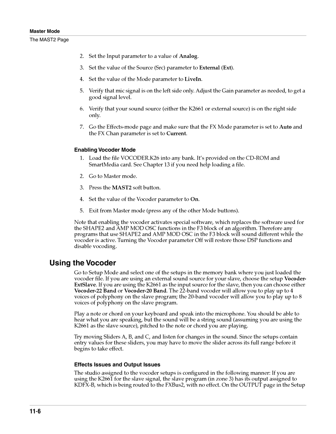 Alesis K2661 specifications Using the Vocoder, 11-6, Enabling Vocoder Mode, Effects Issues and Output Issues 